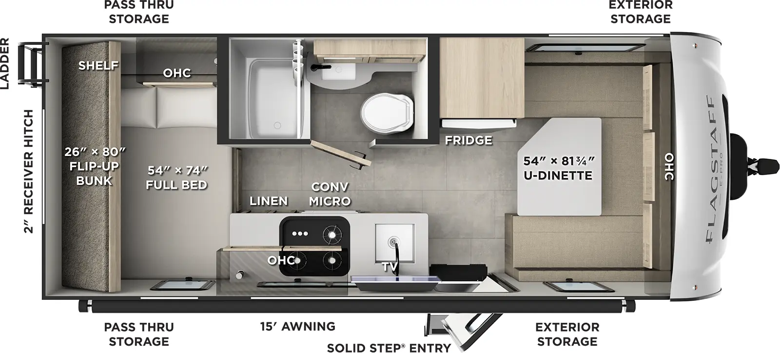 The Flagstaff E-Pro E19DBH floorplan has one entry and zero slide outs. Exterior features include: fiberglass exterior, 15' awning and outside kitchen. Interiors features include: bunk beds and u-dinette.